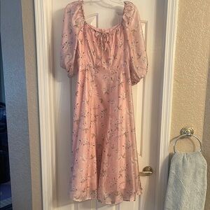 NWOT Shein Floral Pink Dress with Puff Sleeves size L